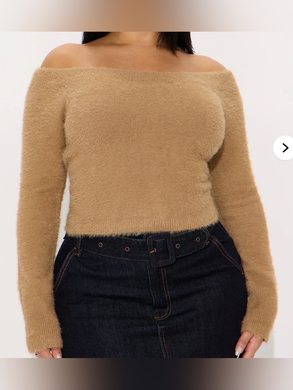 Good American Off-the-Shoulder Fuzzy Sweater in Camel